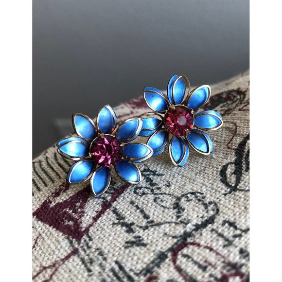 Vibrant Blue & Pink Rhinestone Vintage 1950s Prestige Signed Flower Earrings - Picture 1 of 4